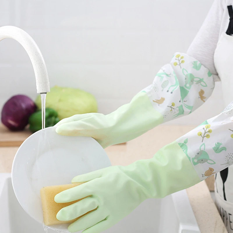 Dishwashing Gloves Single Layer Household Chore Splicing Sleeve Waterproof Gloves Plush Elastic Band Mouth Rubber for dishwashing gloves cleaning gloves