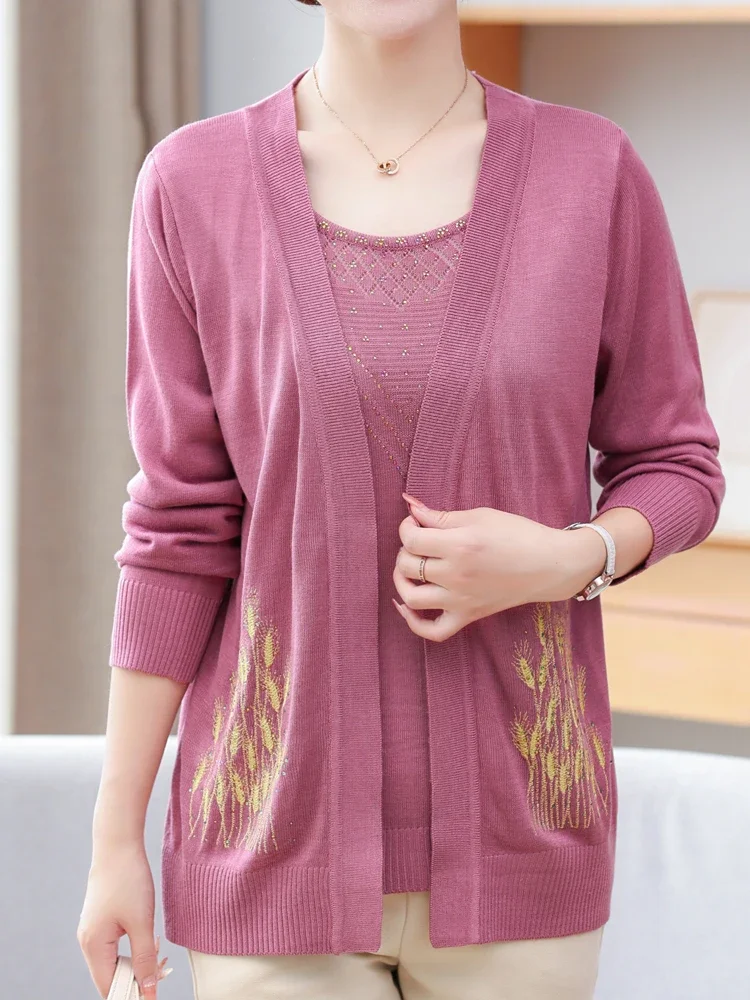 

Fake Two Pieces Sweater Women Autumn Spring Mother Tops Pullover Pull Femme Floral Print Sweater For Women