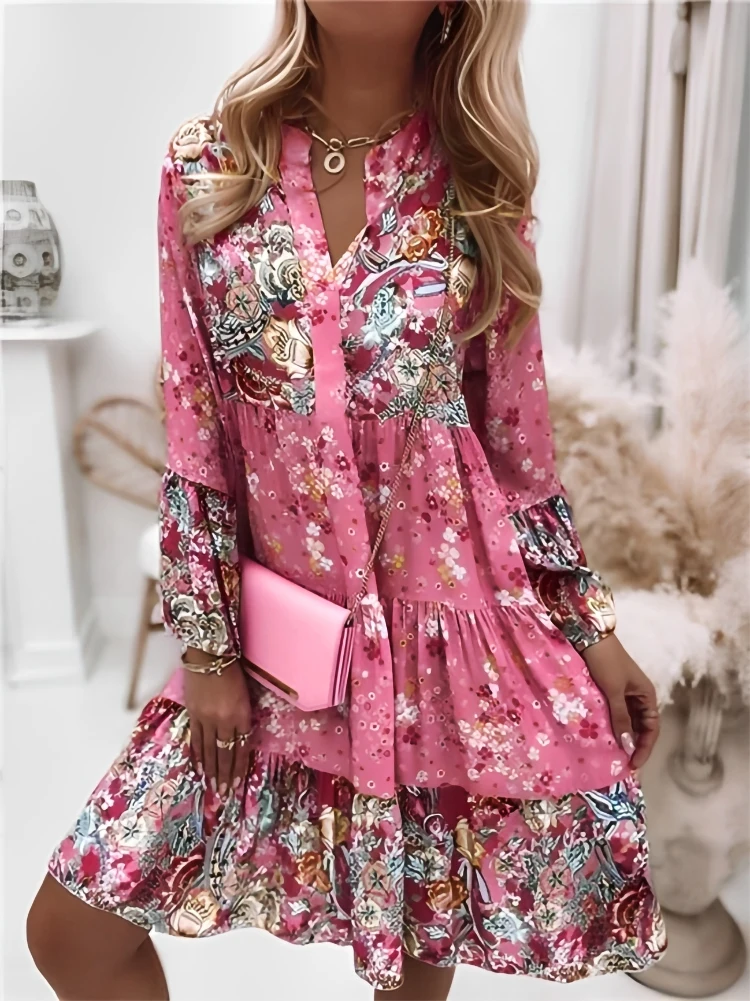 

Elegant Beach Floral Print Women Dress Bohimian Loose Flare Sleeve Casual V Neck Dress Ladies Summer Fashion Patchwork Clothing