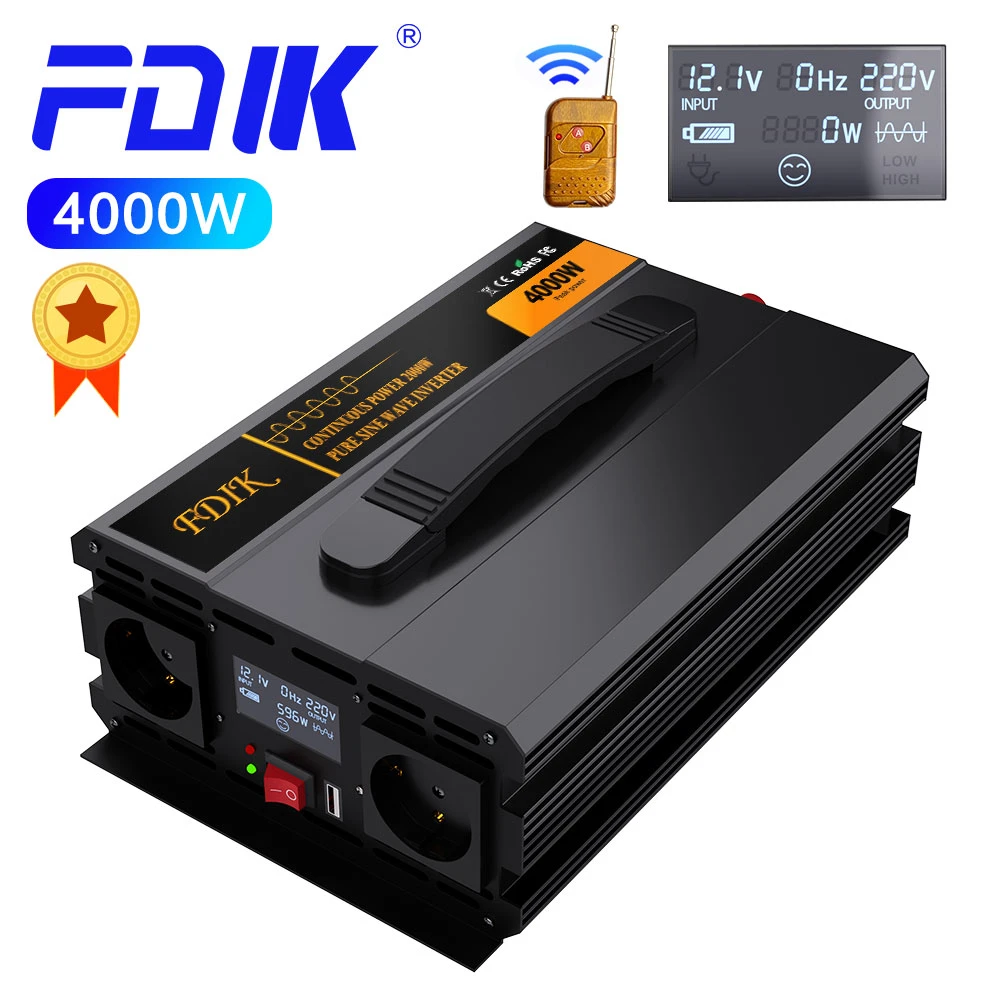 FDIK Pure Sine Wave Inverter DC12V To AC220V 2000W 4000W Portable LCD
