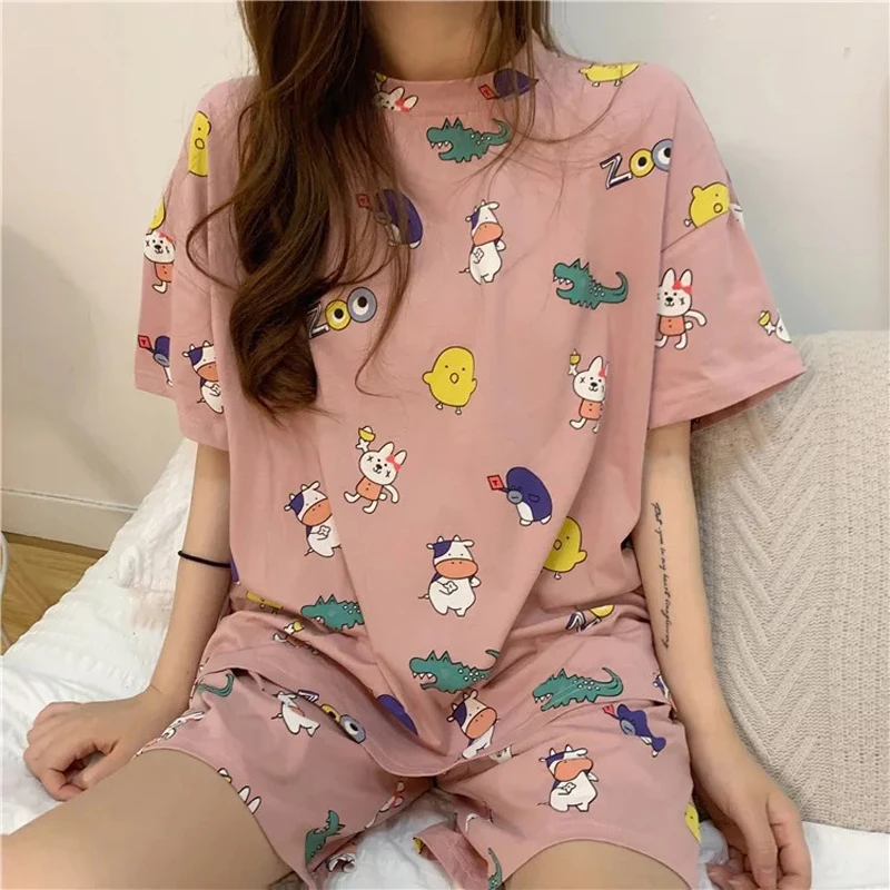 

Summer New Thin 2 Pieces Cartoon Pajamas Sets for Women Short Sleeves Shorts Pyjama set Loose Casual Pijama Ladies Homewear