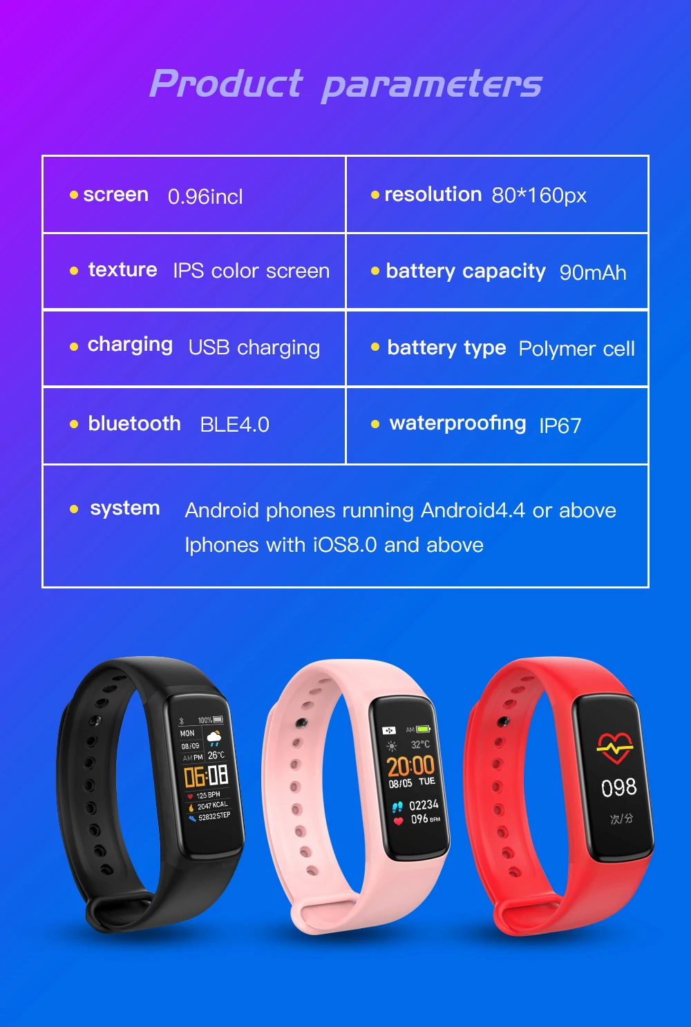 relógio de pulso Bluetooth, pulseira de fitness,