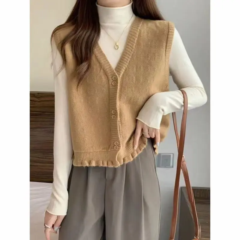 

Knitted Sweater Vest Cardigan Women's New Spring and Autumn Short Loose Fungus V-neck Vest Tank Top