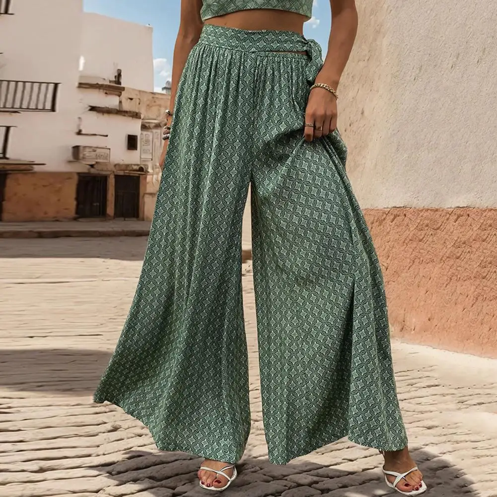 

Women Pants Lace-up High Waist Wide Leg A-line Culottes Printed Deep Crotch Ankle Length Loose Soft Breathable Lady Long Trouser