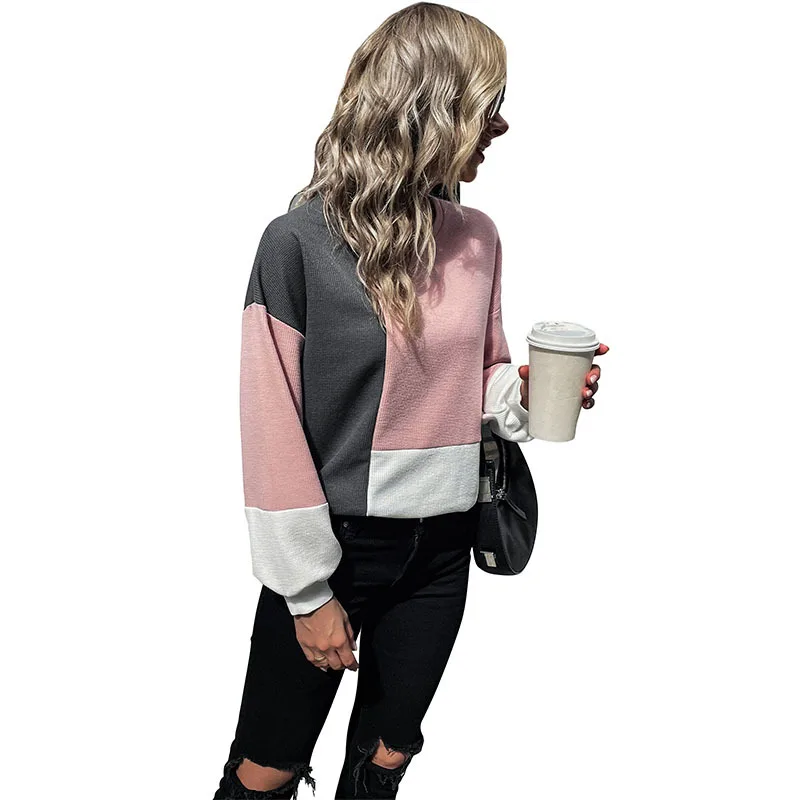 2022 Autumn New Women's European and American Fashion Stitching Sweater Top Long Sleeve Casual Joker Contrast Color Sweater