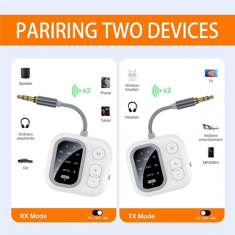 ABAC-Bluetooth 5.3 오디오 어댑터, 자동차 홈 비행기 항공 여행용 2 In 1 무선 오디오 송신기 수신기 AUX RX/TX