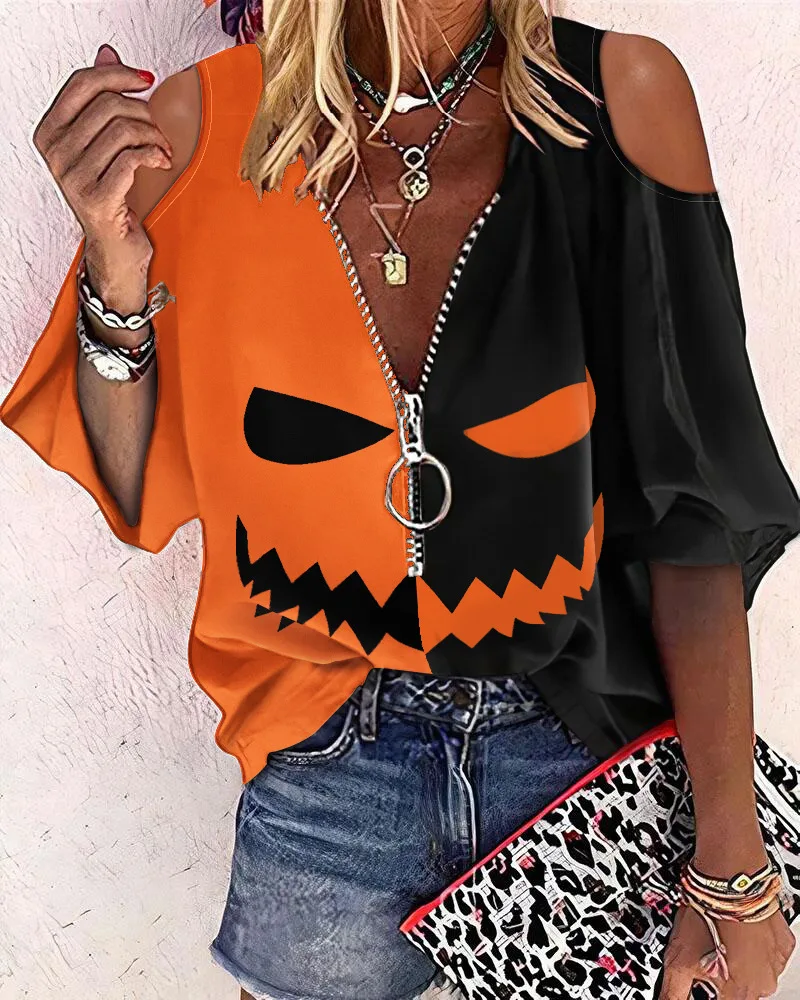 

Halloween Graphic Print Colorblock Cold Shoulder Top 2023 Women Hooded Loose Tops Simple Autumn Zipper Sexy Pullover Sweatshirts