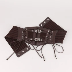 Elegant Retro Lace Elastic Waist Belt for Women - Wide Pin Buckle Cummerbund and Tie Rope Corset for Dresses (Brown)