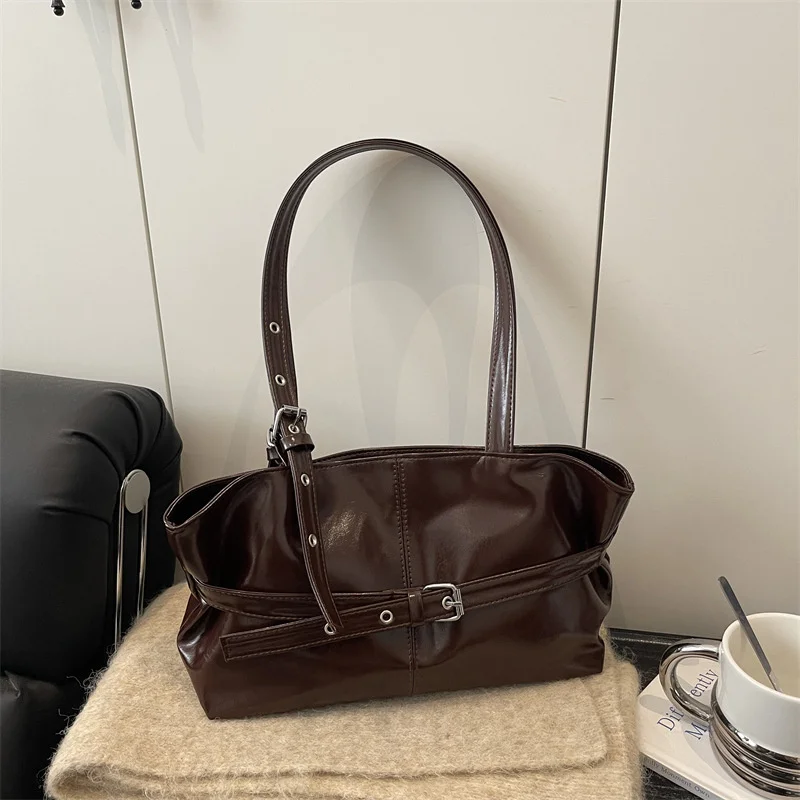 New Fashionable Versatile Belt Buckle Handbag Korean Style Solid Color Soft Leather Women’s Casual Shoulder Bag Underarm Bag