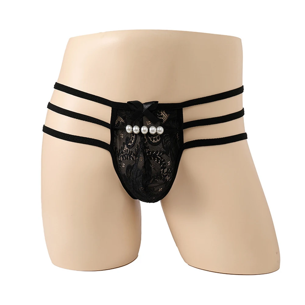 

Sexy Men Sissy Briefs Lace Sheer See-Through G-string Low Rise Hollow Thong Pearl Pouch Panties Gay Man Erotic Underwear