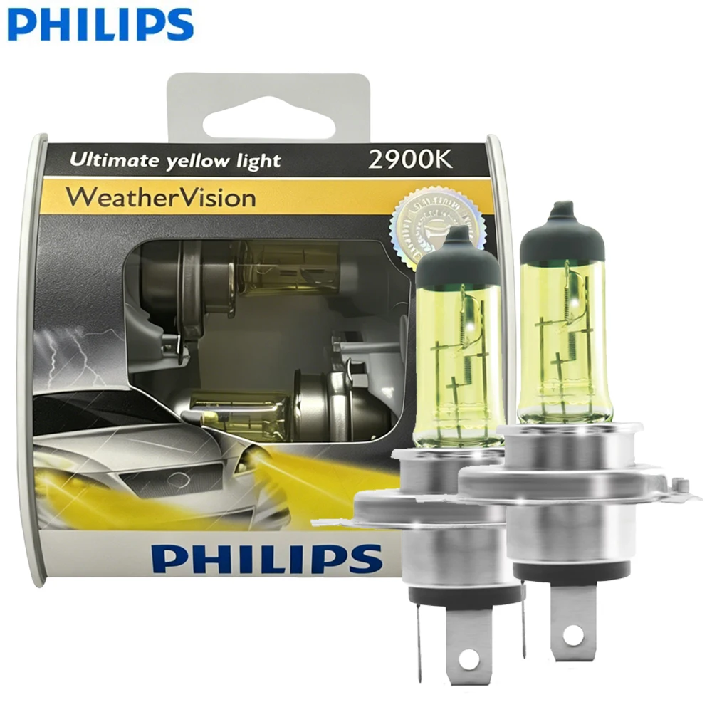 필립스 자동차 헤드라이트 WeatherVision H4 9003 HB2 2900K 노란색 조명 자동차 전구 할로겐 램프 12V 60/55W 12342WVS2, 2개