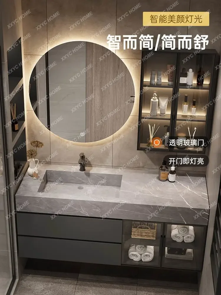 Ceramic Seamless Whole Washbin Bathroom Cabinet Combination Light Luxury Washstand Solid Wood Washbasin Customization
