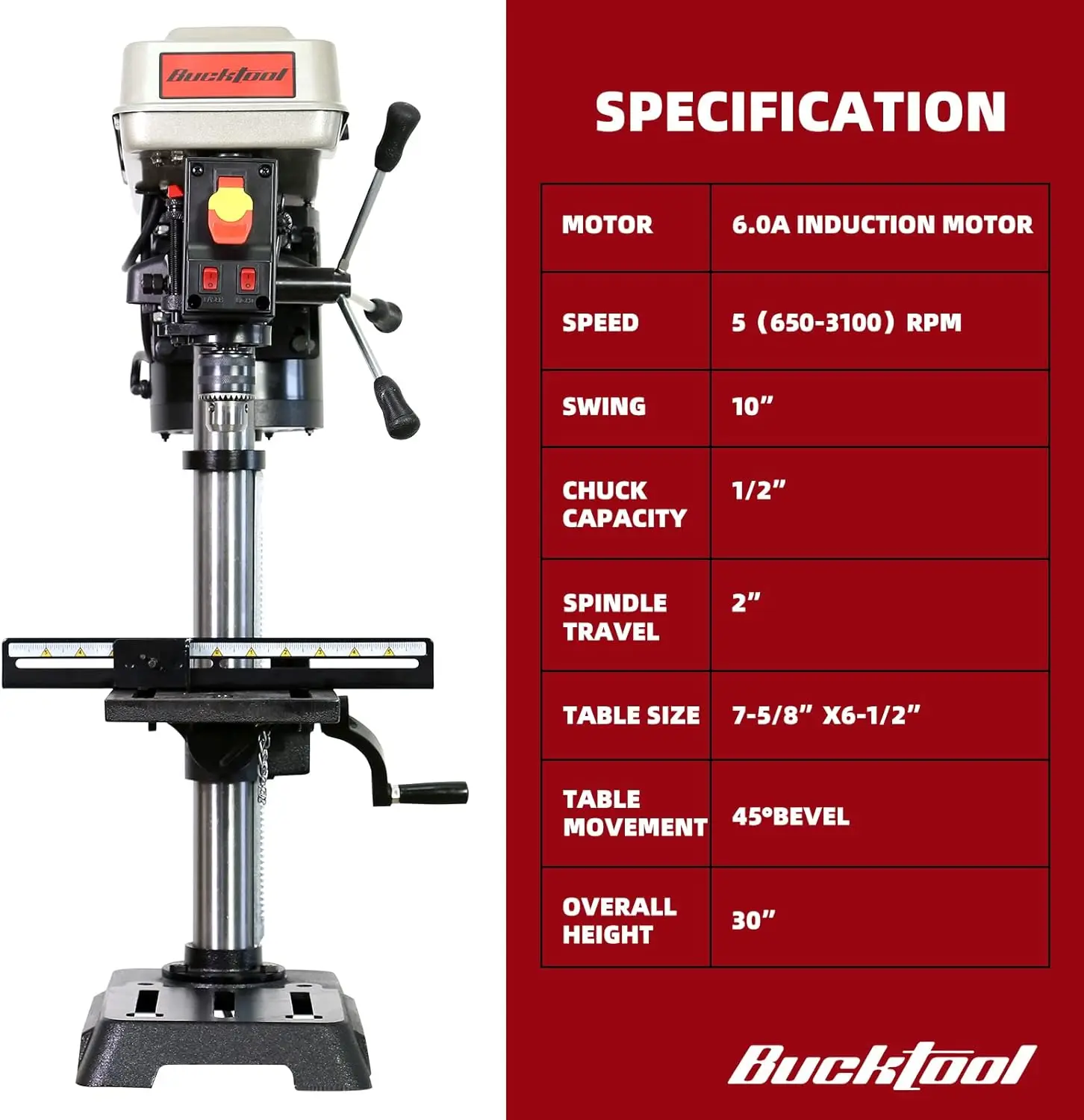 10-Inch Drill Press 6.0 Amp 3/4 HP Bench Drill Press 5-Speed Benchtop Drilling Machine with LED Work Light 2