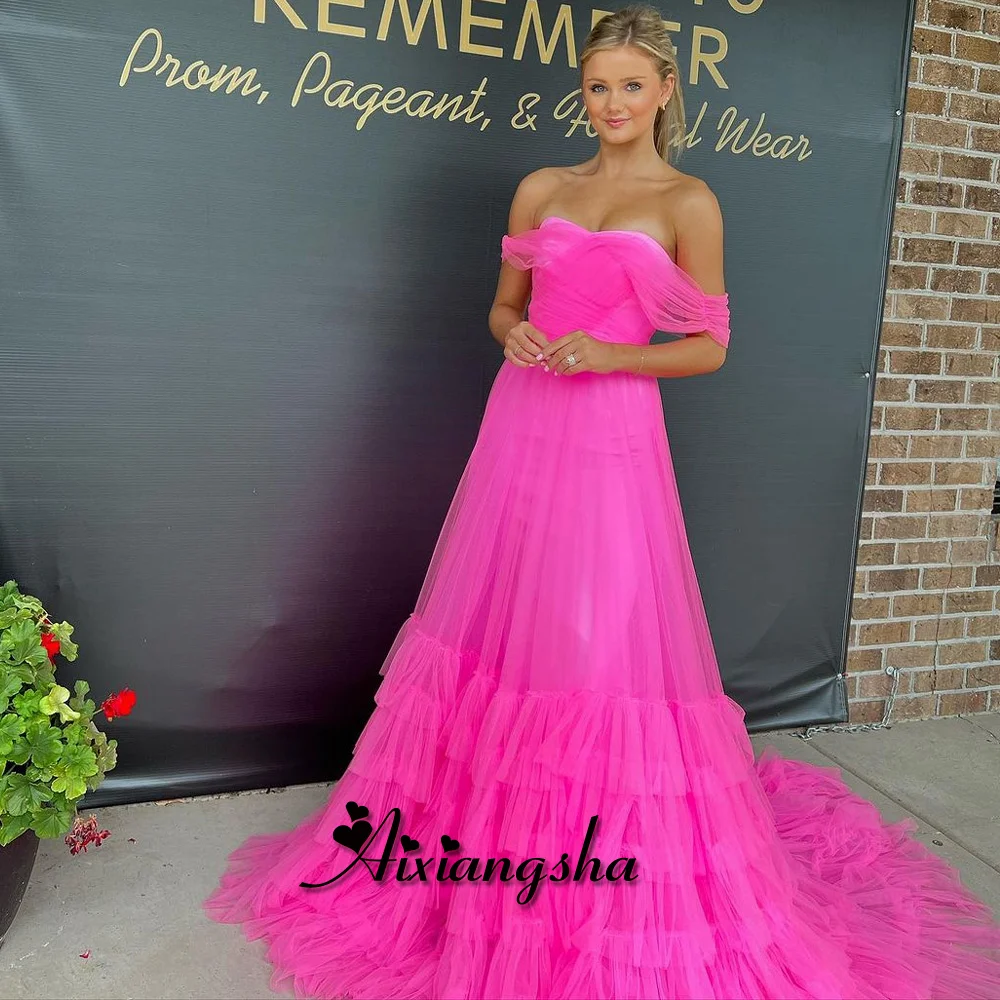 

Aixiangsha Off the Shoulder Evening Dresses for Women Boat Neck Layered Tulle Pleat Corset Vestidos de Noche Drop Shipping