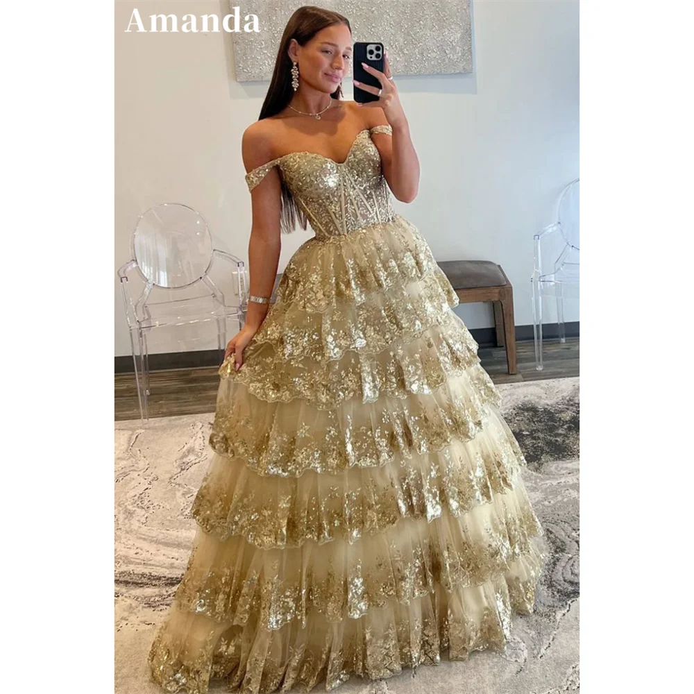 Amanda 2024 Shiny Glod Vestido De Novia Princess Ball Gown Lace Evening Dress Gliiter Off Shoulder Multilayer Prom Dress 2024