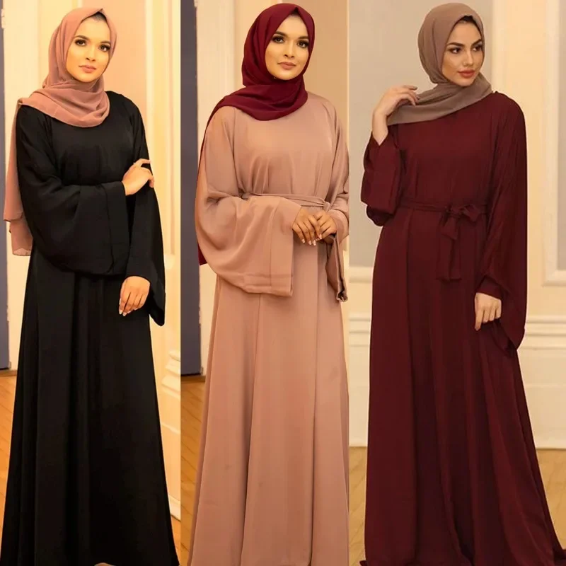 

Hot Sale Solid Color plus Size Lace up Muslim Dress Muslim Maxi Dresses for Women Robe Longue Evening Dresses abaya dress