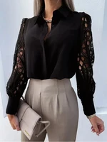 Women's Blouse White blank Elegant V-neck Lace Sleeve Cut-out Patchwork Office Commuter Black Shirt For Female 1