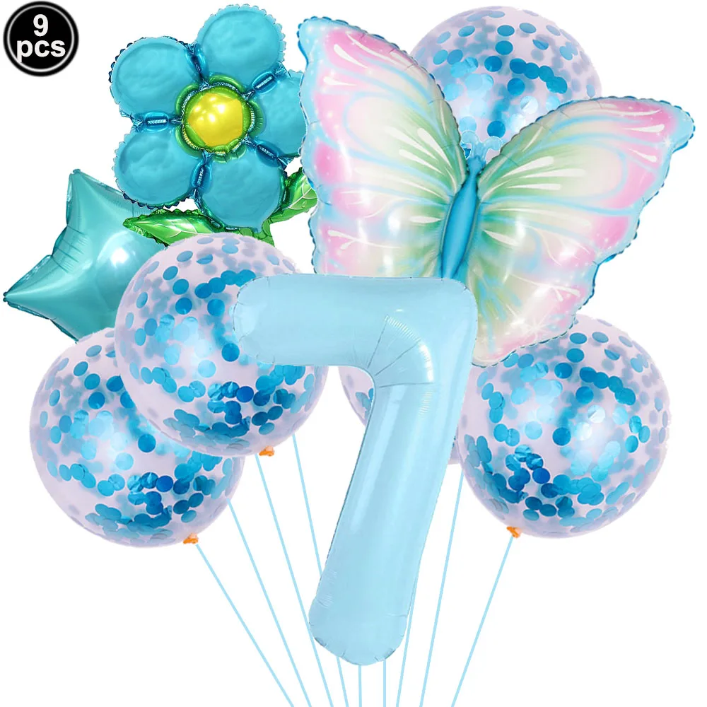 Blue Bow Themed Birthday Party Decoration Set - Balloons, Banner, Garland, & Cake Toppers