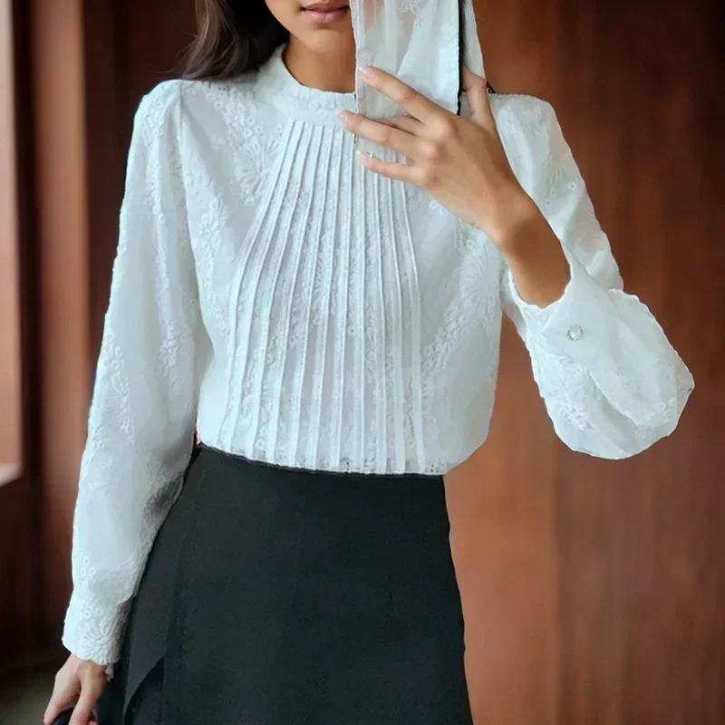 

Korean Fashion White Lace Blouse Autumn Long Sleeve Stand Collar Blouse Women Elegant Embroidery Shirt Loose Tops Clothes 29789