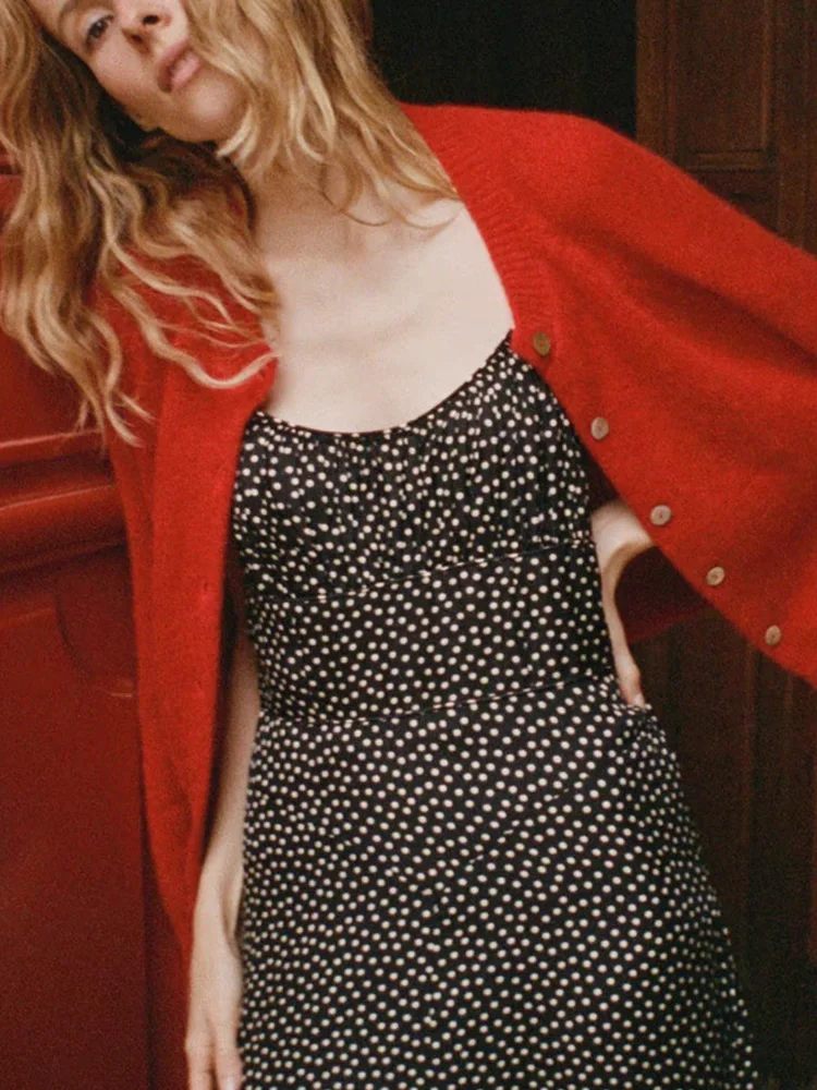 DOEN Retro Polka Dot Slimming Midi Dr Bla Summer New Sle Svel VU Ne French Sle Women's Dr Pumpkin Underwear