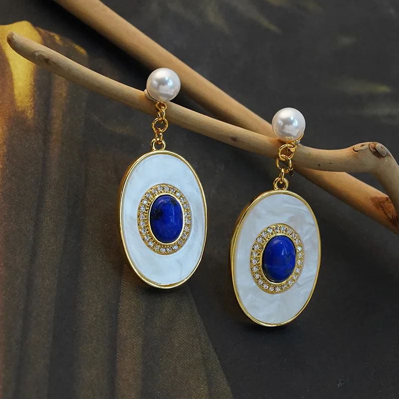

blue Lapis lazuli women's vintage pearl high-end stud earrings fashion niche design elegant OL eardrop