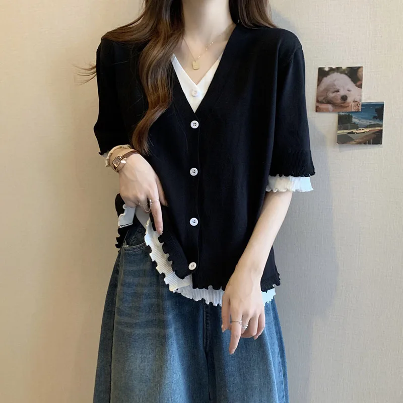 Fashion V-Neck Spliced Button Ruffles Fake Two Piece Shirt Female Clothing 2024 Summer New Oversized Casual Tops Korean Blouse