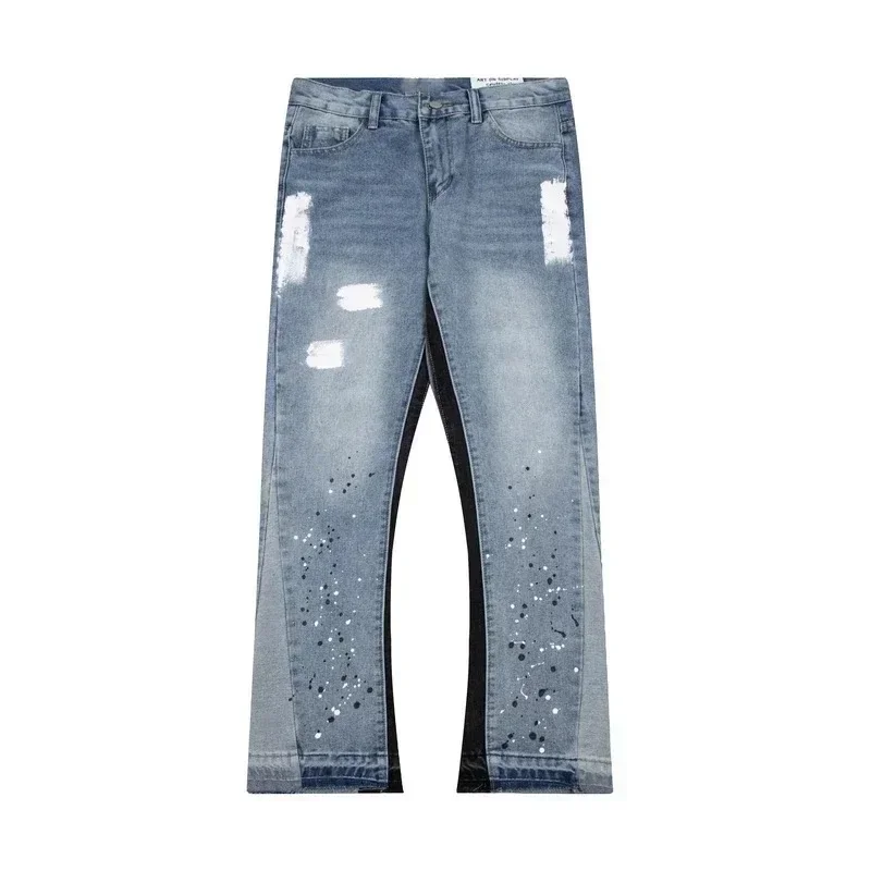 High Street Splashed Ink Ripped Patchwork Jeans for Men and Women Trendy American Straight Slim Micro-flared Trousers ripped jeans ripped patchwork jeans women denim pants