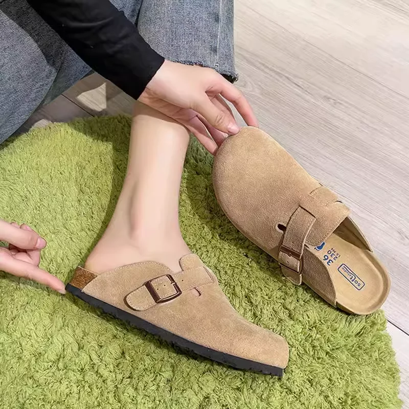 Unisex Suede Wooden Slippers with Cork Insoles - Versatile Indoor/Outdoor Beachfront Villa Footwear