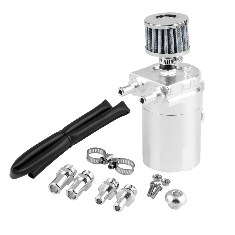 muge racing Universal Oil Catch Can Tank Kit Polish Baffled Reservoir with Breather Filter with 3/8" Fuel Line,Aluminum
