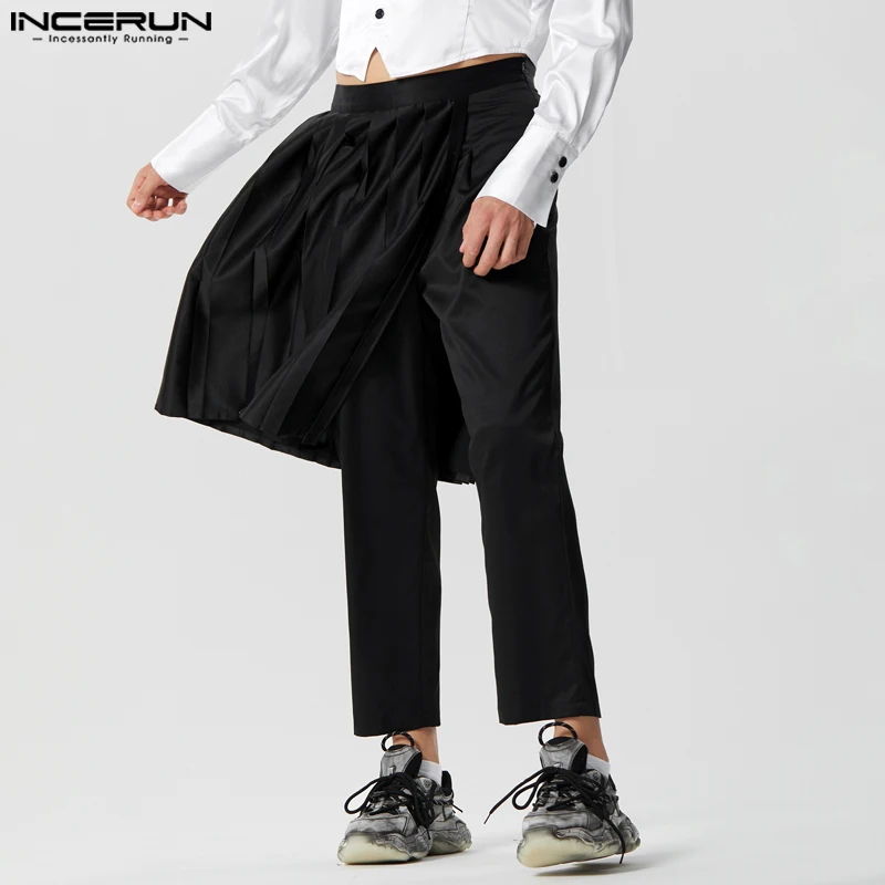 

INCERUN 2023 American Style Stylish Men's Trousers Fake Two-piece Pleated Pants Casual All-match Solid Patchwork Pantalons S-5XL