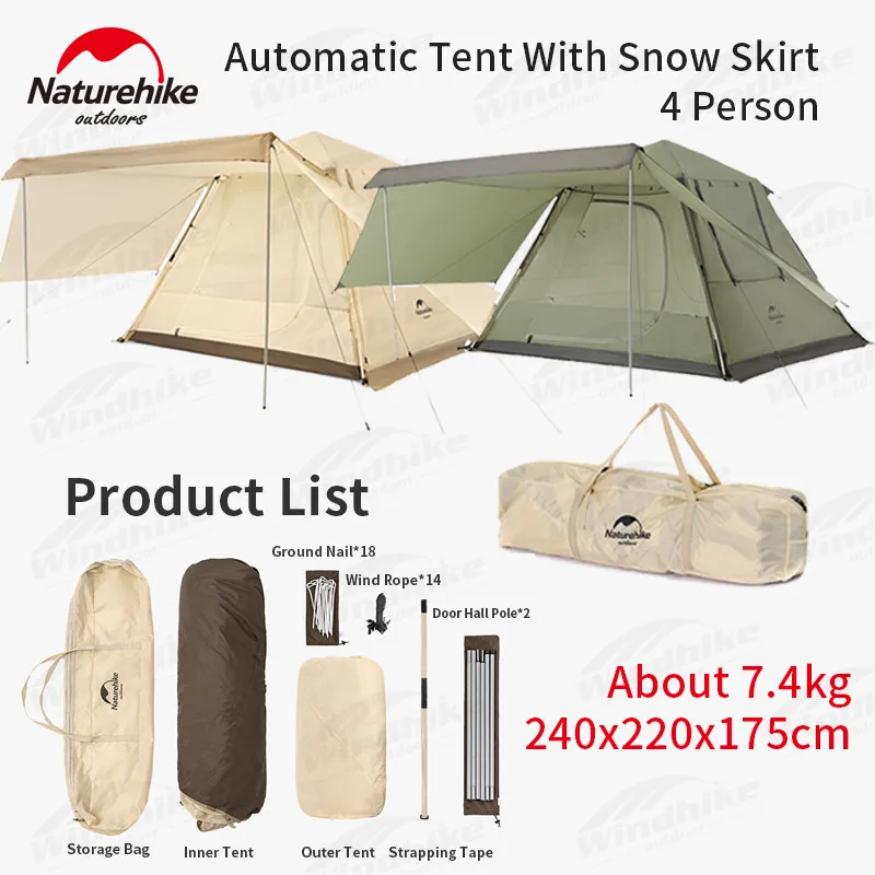 

Naturehike Ango4 Camping Automatic Tent Double Door Fast Build 210T Pu2000mm Outdoor Windproof 3-4 People With Snow Skirt