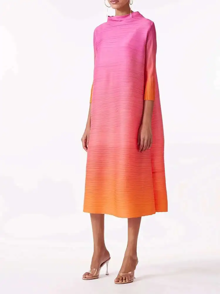 LANMREM Fashion Pleated Dress Gradient Color Women Turtleneck Long Sleeves Pink Orange Dresses Female Clothing 2024 New 2YA773b - Image 2