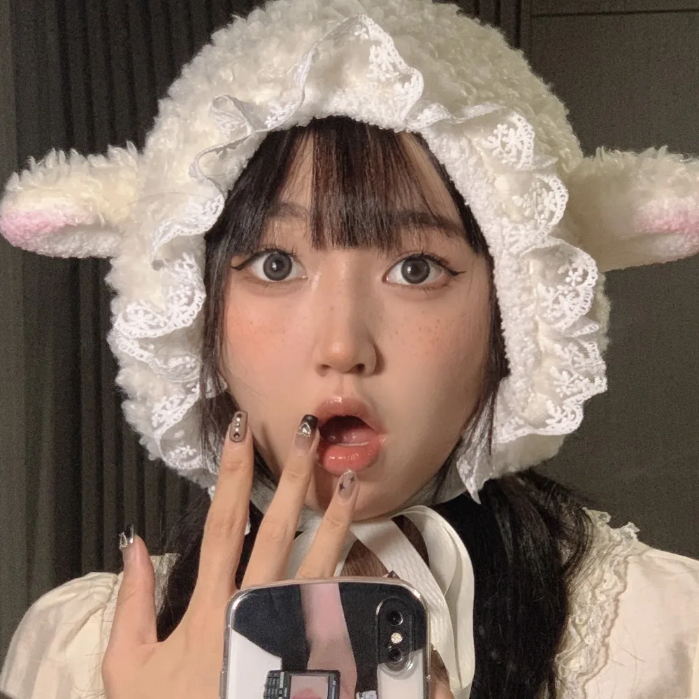 Warm Soft Fluffy Hats Lace Lamb Ear Costume Hats Lamb Cashmere Outdoors Hats
