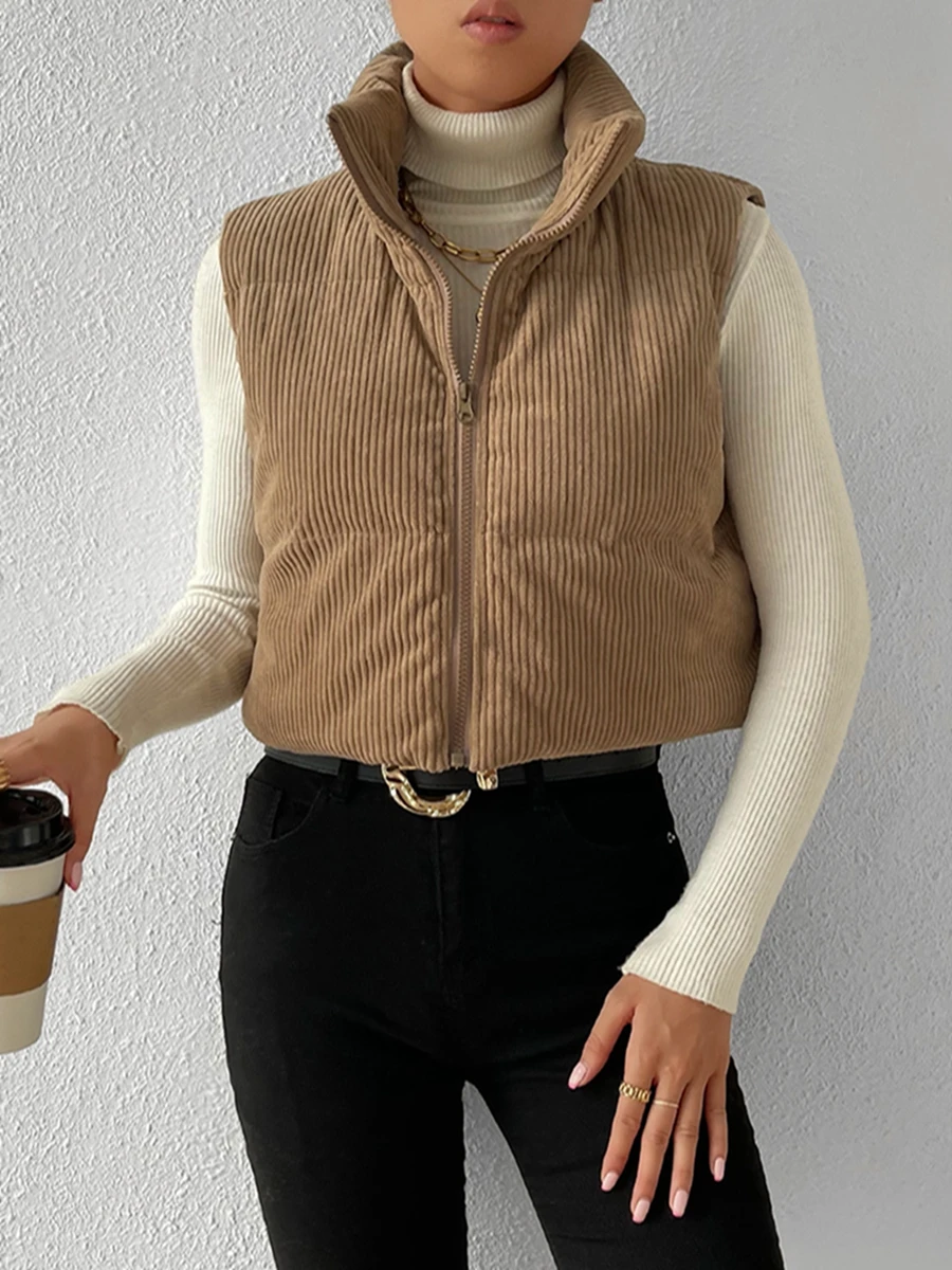 

Women's Corduroy Puffer Vest Solid Color Stand Collar Quilted Waistcoat Fall Winter Casual Outdoor Sleeveless Padded Jacket Coat