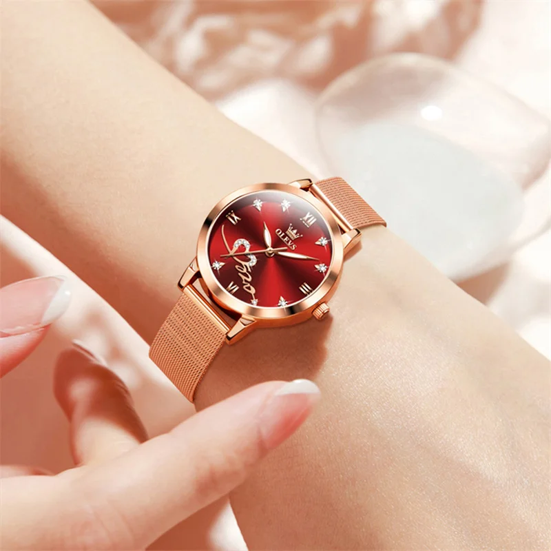 OLEVS Rose Gold Red Heart Dial Women Watches Luxury Watch For Women Fashion Casual Women's Bracelet Watches Waterproof Ladies