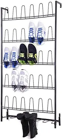 

Mounted Black Metal Shoe Organizer , Boots, Slippers, Sneakers Hanging Vertical Heavy Duty , Holds 18 Pairs of Shoes