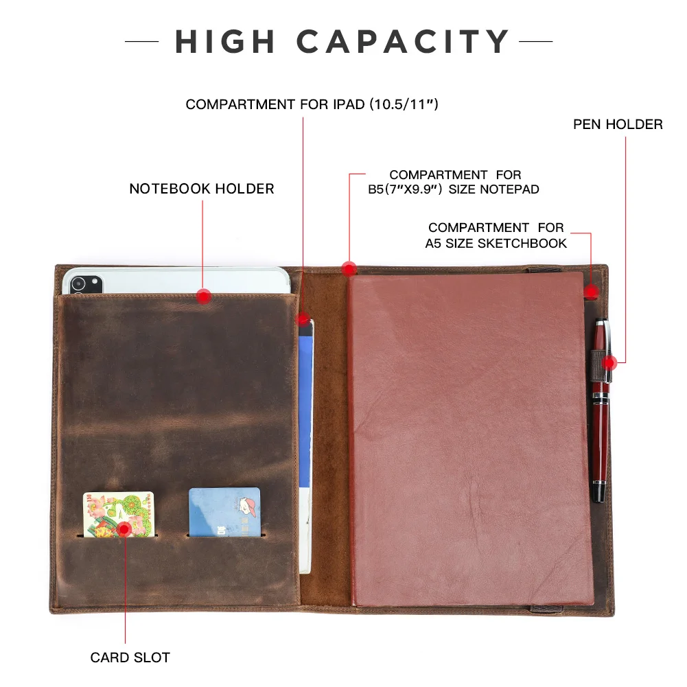 Leather Folder Vintage Cowhide Notebook Portfolio iPad Mini PC Folder B5 Documents Book Cover Business Stationery