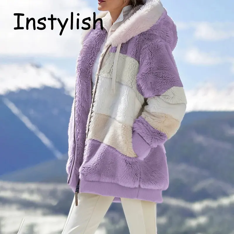 Women Elegant Striped Plush Hooded Coat Winter Thick Warm Loose Fleece Teddy Jackets Vintage Harajuku Oversized Outwear 2023