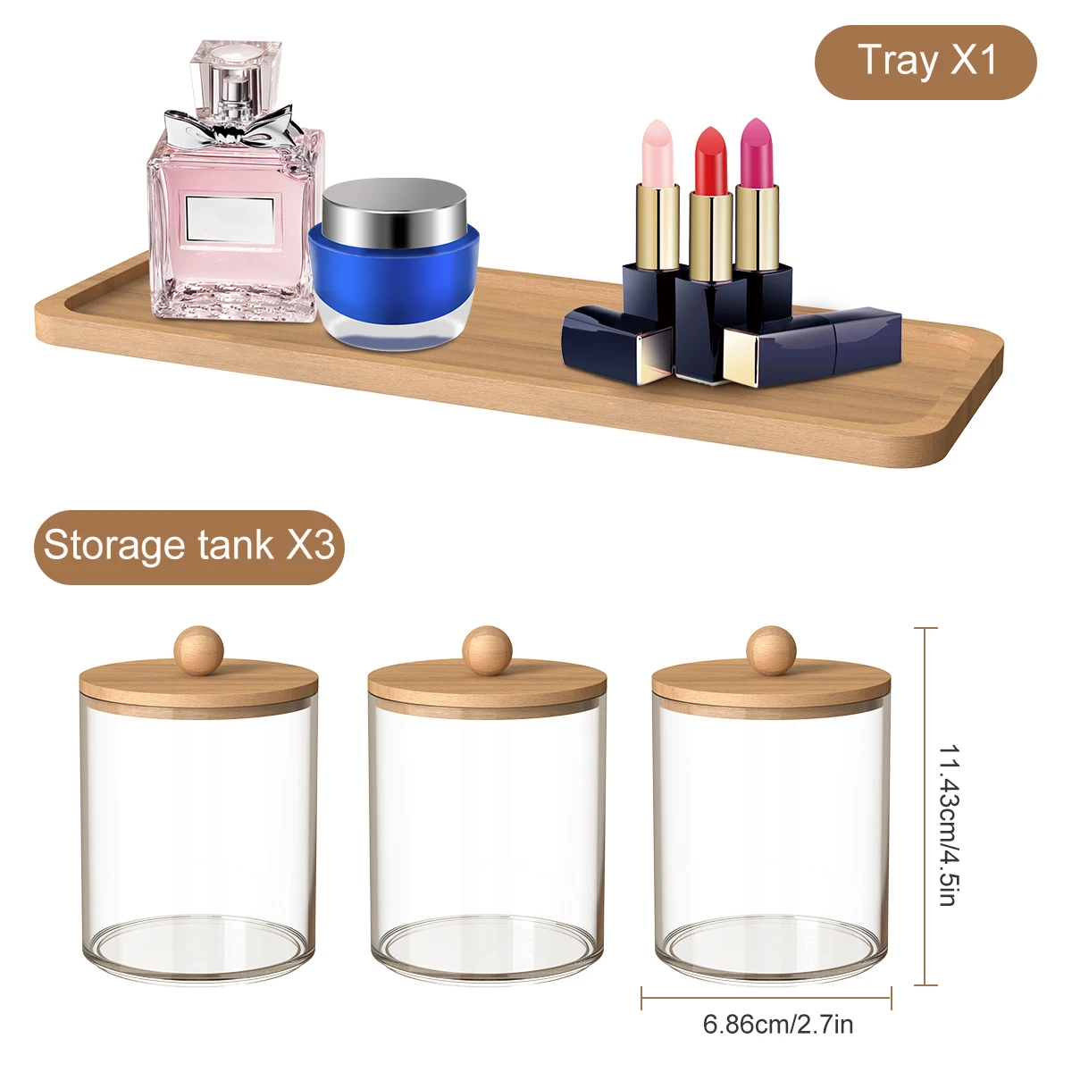 3Pcs Holder Dispenser with Bamboo Lids Clear Acrylic Bathroom Jars with Tray Cotton Swab Storage Dispenser Reusable cotton swab holder