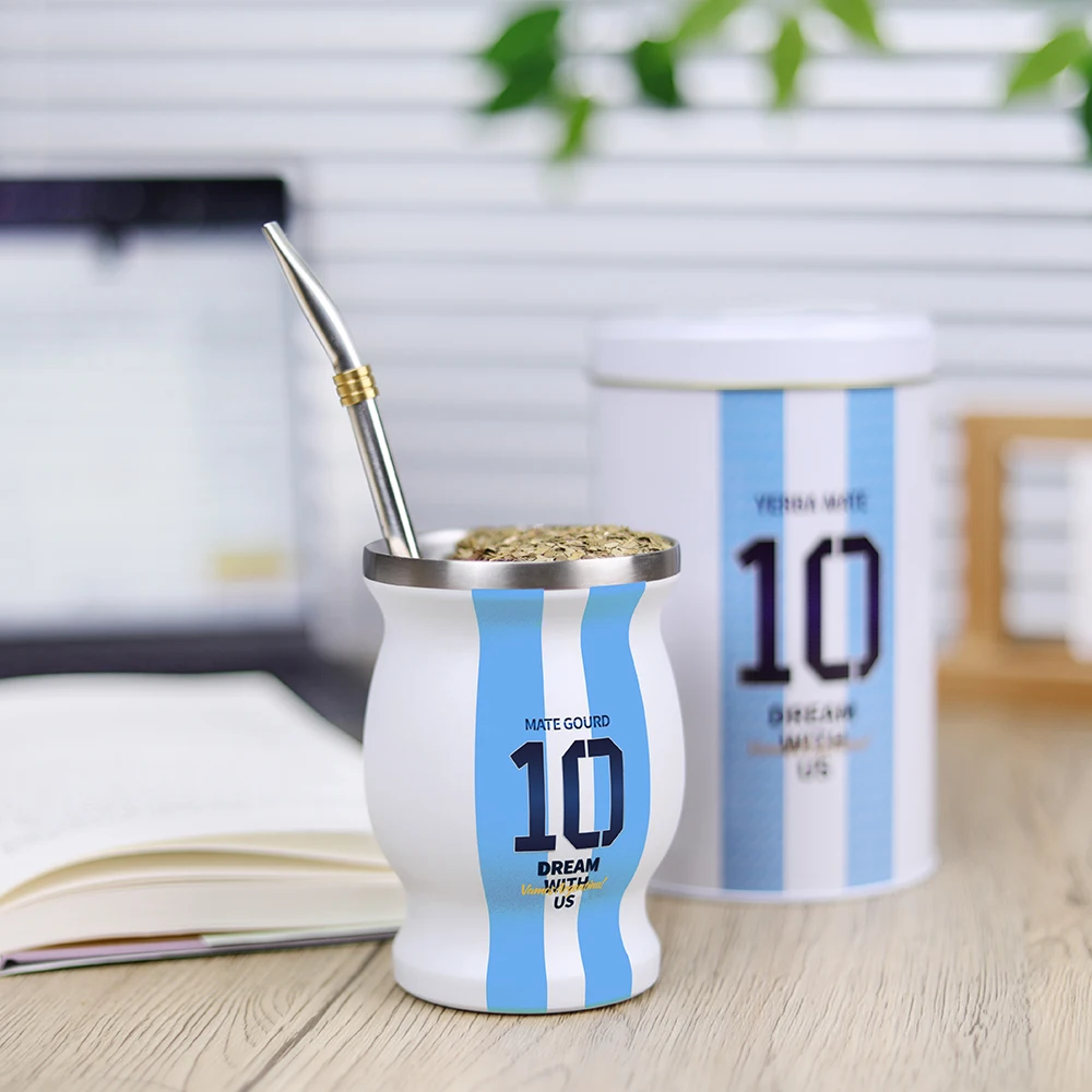 Yerba Mate Cup Set Included Argentina Football Captain No.10 Style Yerbero Stainless Steel Mate Gourd and Bombilla Straw