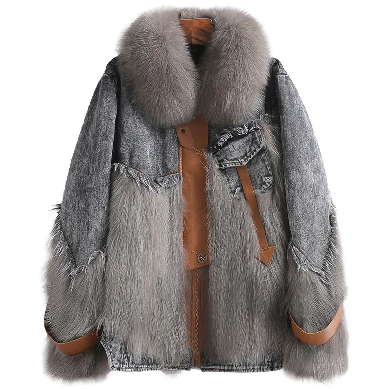 Fashion Korean Raccoon Fur Coats and Jackets Womens Clothing Autumn and Winter Fur Coat Denim Coat Fox Fur Collar Jackets Zm1121