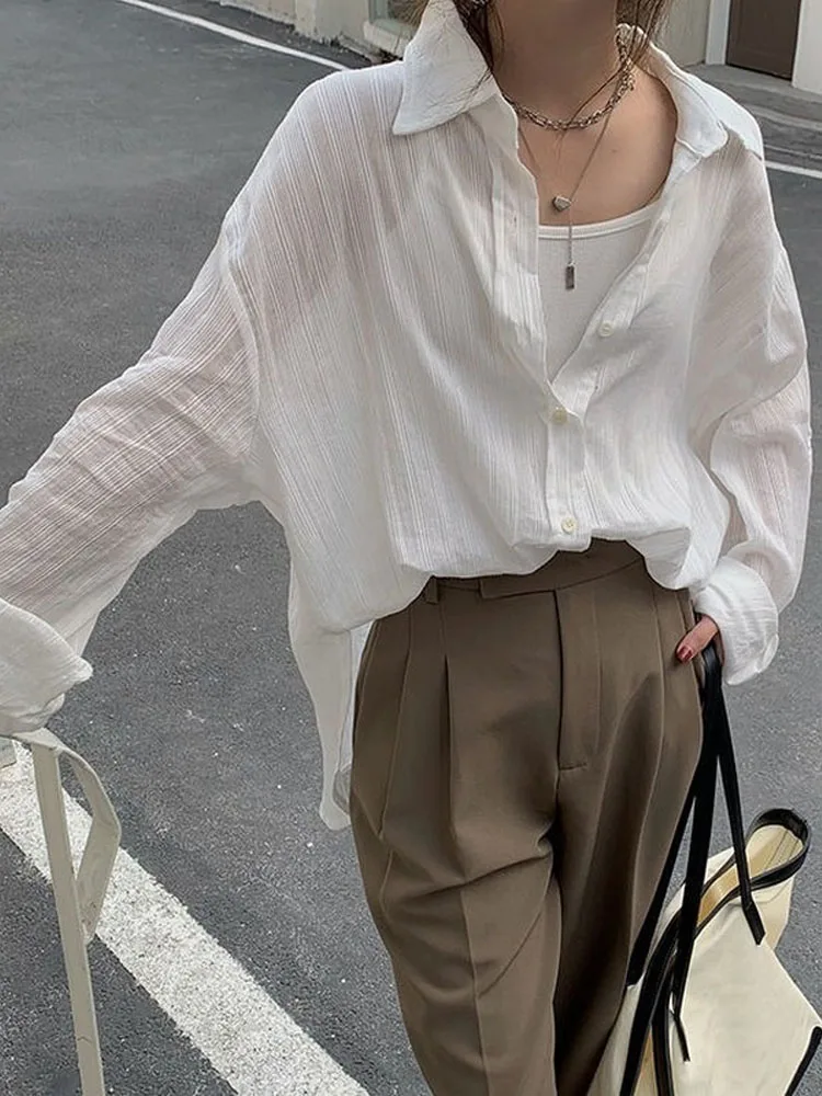 

Deeptown White Vintage Woman Blouses Basic Fashion Chic Oversized Shirts Female Korean Long Sleeve Urban Transparent Cardigan