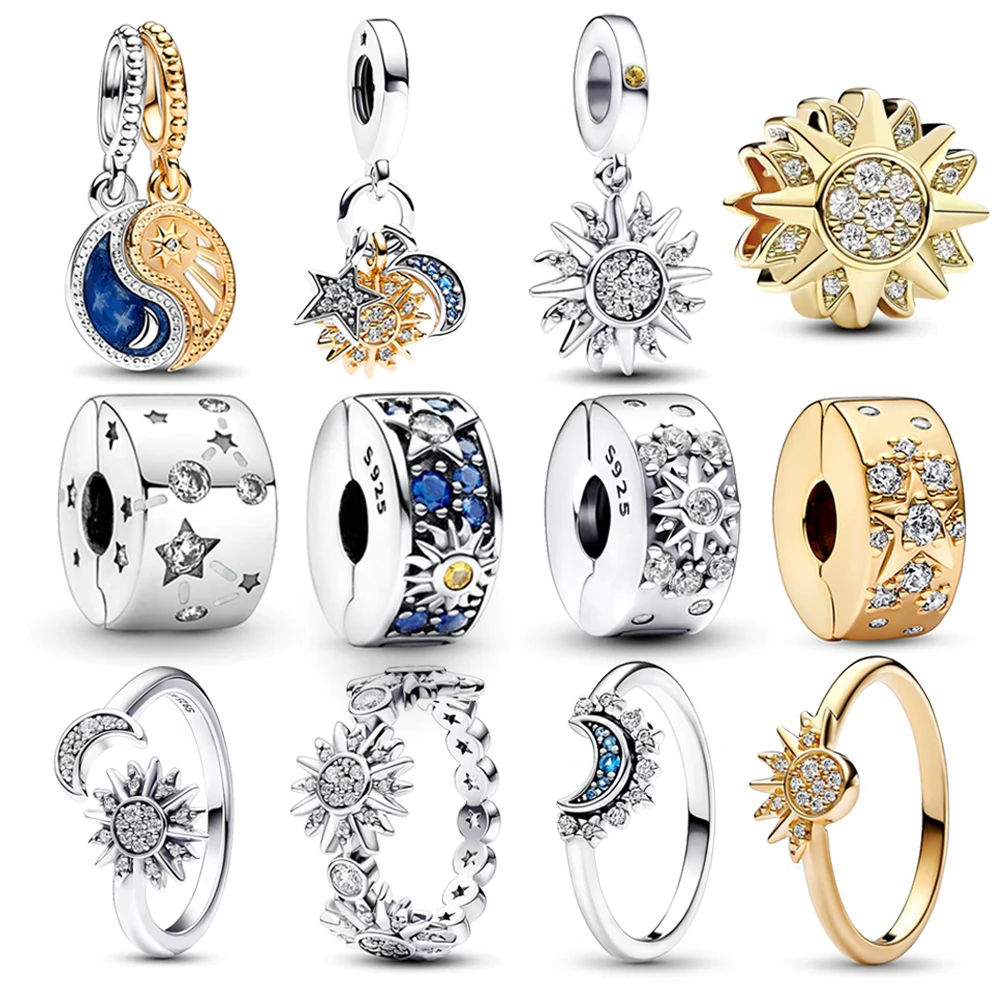 

925 sterling silver, moon, beads, stars, pendants, sun, charm, for Pandora bracelets, women, ring, clip DIY jewelry set 2024 new