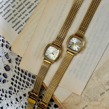 1pc French Vintage Style Gold Dial Quartz Copper Watchband Women's Wristwatch, Elegant, Fashionable, Exquisite watch for women