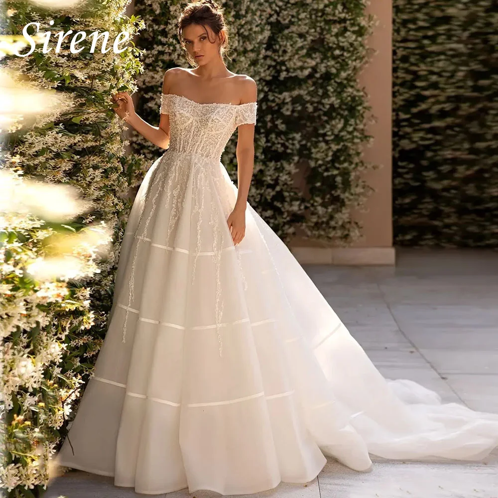 

Sirene Sweetheart Off The Shoulder Wedding Dress 2024 Sleeveless Lace Appliques Pearls Simple A-Line Backless Bride Gown