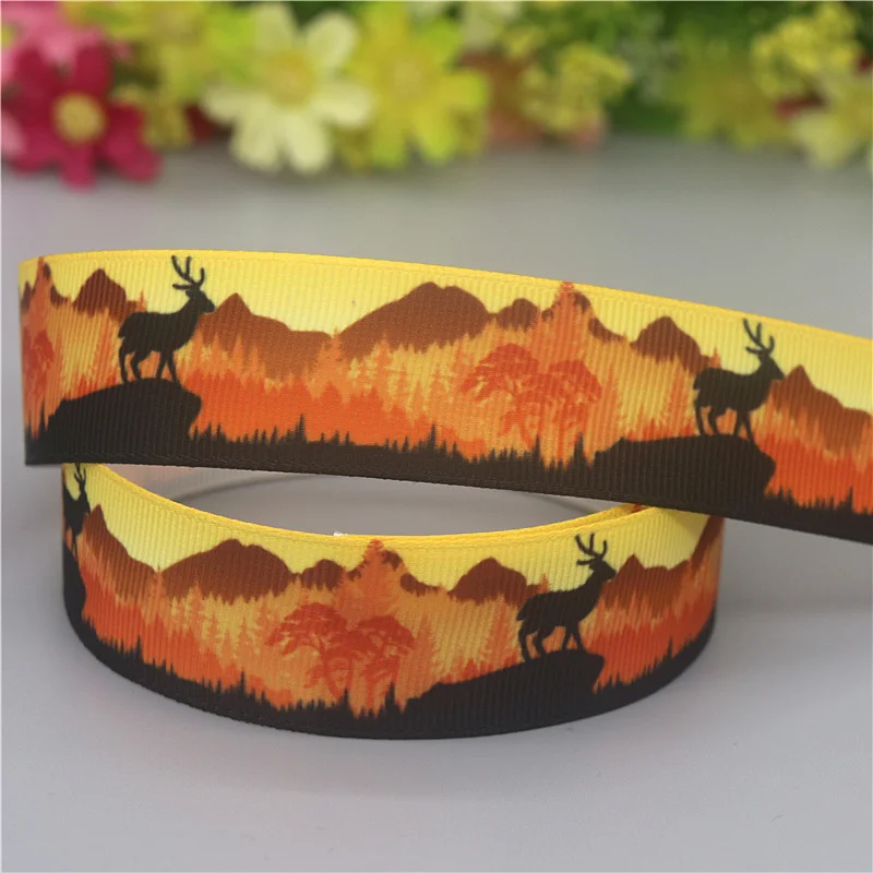 DUWES 50yards State Deer Forest Wolf Printed Grosgrain Ribbon Accessories Material Headwear Decoration DIY Sewing Craft D2110