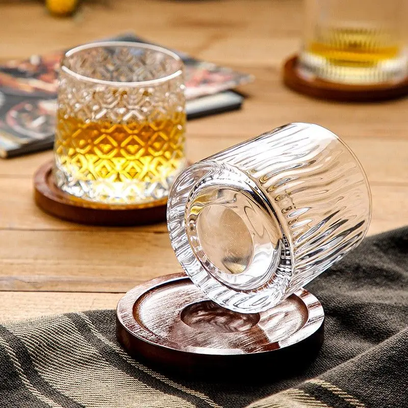 Creative Rotary Whiskey Glass Cup with Coaster Transparent Juice Cup Crystal Wine Tumbler Vodka Cognac Brandy Snifter Shake