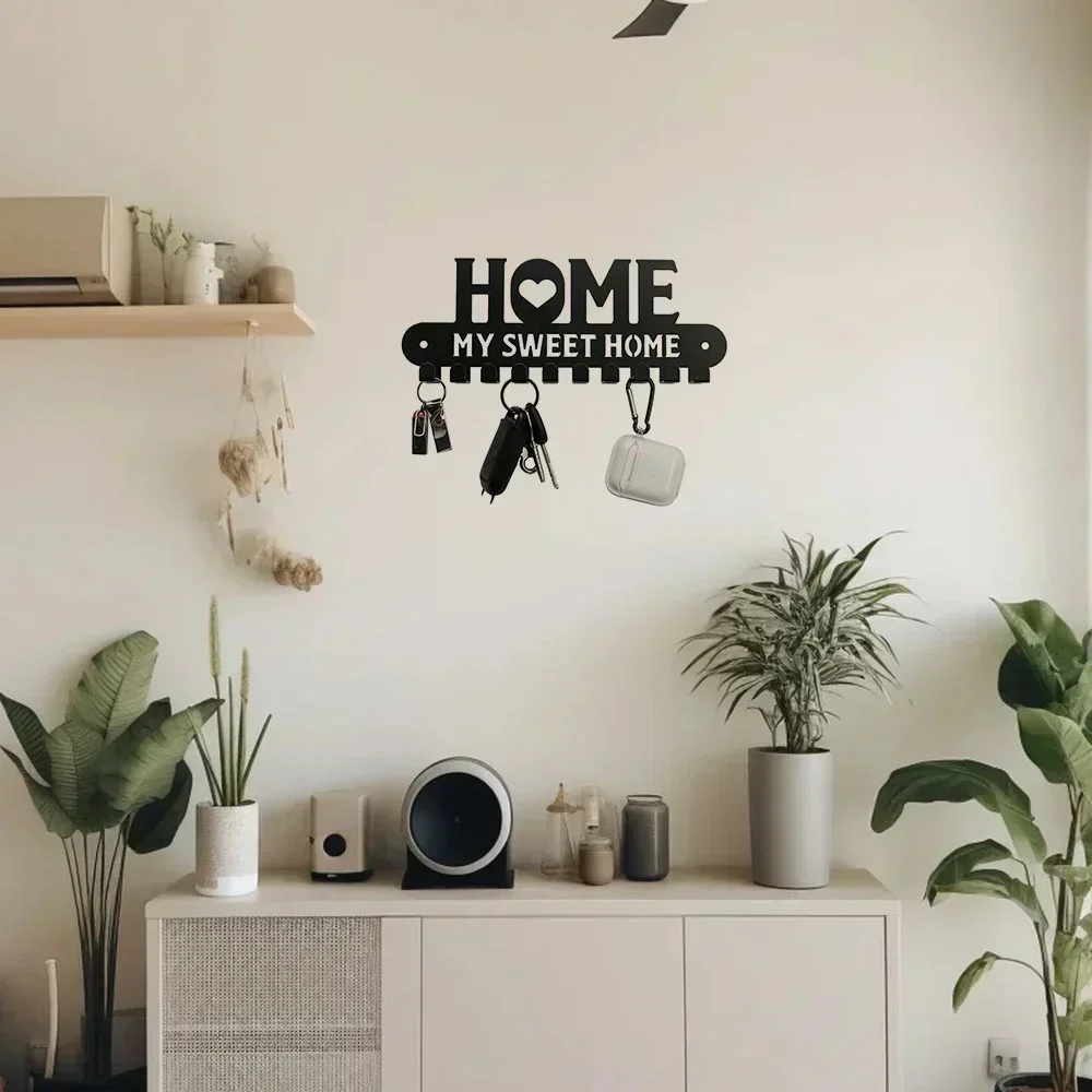 Metal Wall Key Holder Black Metal Wall-Mounted Key Holder Hooks Artistic Iron Coat Rack for Home Entryway and Kitchen