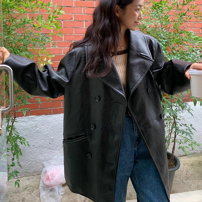 Streetwear Women's Leather Jacket Vintage Double Breasted Notched Collar Casual Black Faux Leather Motorcycle Jackets vestes