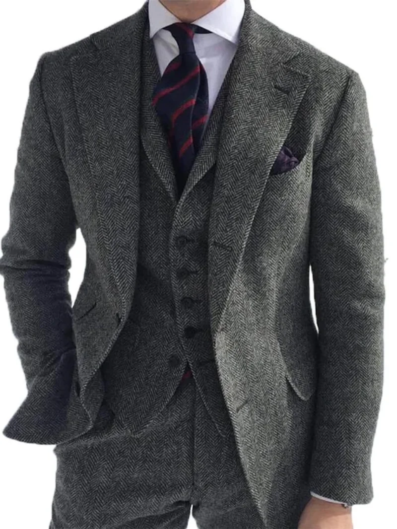 3 pezzi abiti da uomo in lana verde tweed a spina di pesce business retrò modello classico smoking per giacca da sposa pantaloni gilet 1